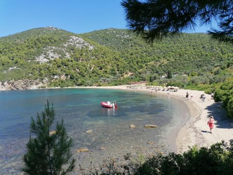 Λίγος κόσμος στην αμμουδιά της παραλίας πεύκος και μια βαρκούλα στα ανοιχτά σκυροσ παραλιεσ