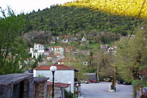 Ένα τμήμα του οικισμού στο μεγαλο χωριο καρπενησι και ο καταπράσινος λόφος υψώνεται στο φόντο