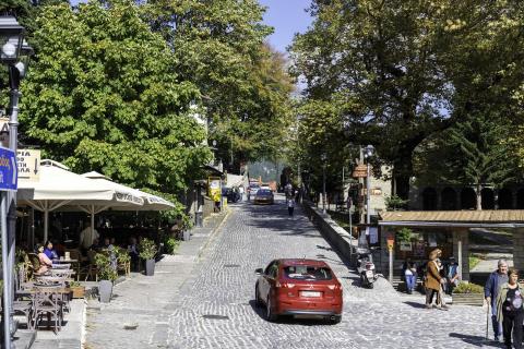 Πλακόστρωτος κεντρικός δρόμος ανάμεσα σε δέντρα στο κέντρο του μετσοβο αξιοθεατα